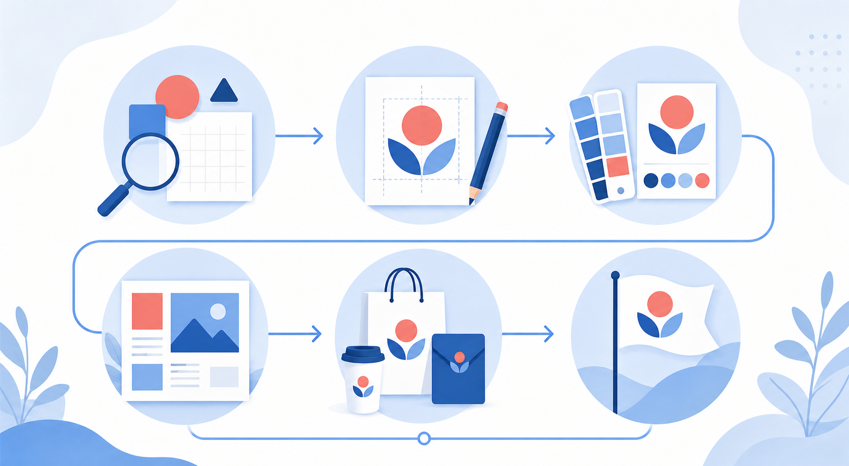 Six Steps Brand Identity Development 2D Animation Soft Blue Red