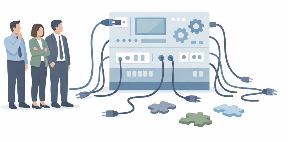Very minimal flat illustration on a white backgroundA small group of business people standing in front of a large complex machine with many disconnect-1