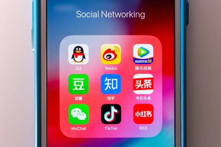 The Chinese Popular Social Media Services Icons (Tencent QQ, Sina Weibo, Tencent Video, Douban, Zhihu, Jinri Toutiao WeChat, TikTok, Xiao Hong Shu) on iPhone