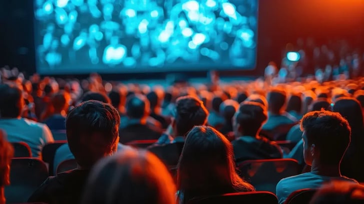 Zuschauer sitzen in einem dunklen Theater und blicken auf eine leuchtende Leinwand, was ein immersives Erlebnis oder Event im Rahmen des Erlebnis-Marketings darstellt.