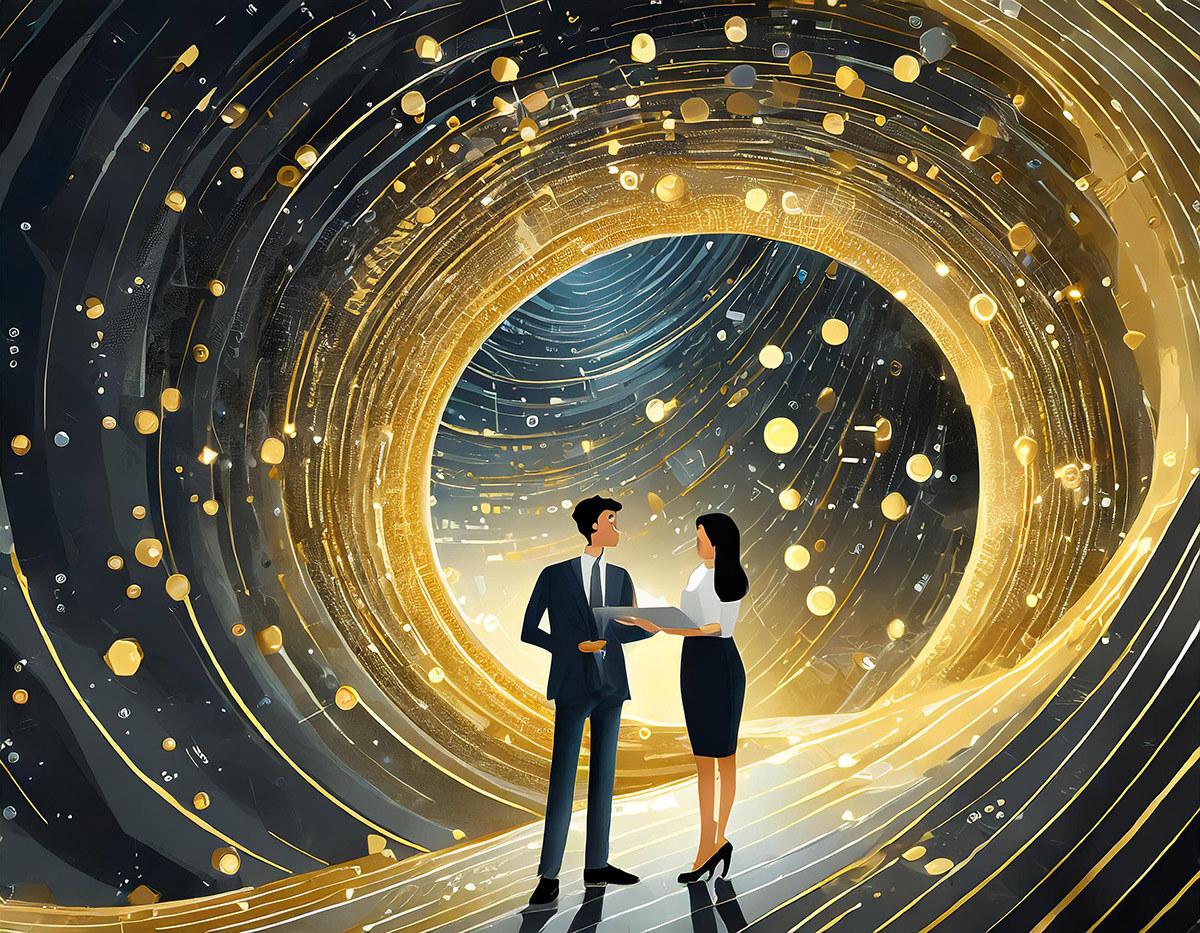 Firefly_illustration-of-business-people-standing-in-a-black-hole-of-data,-with-golden-elements