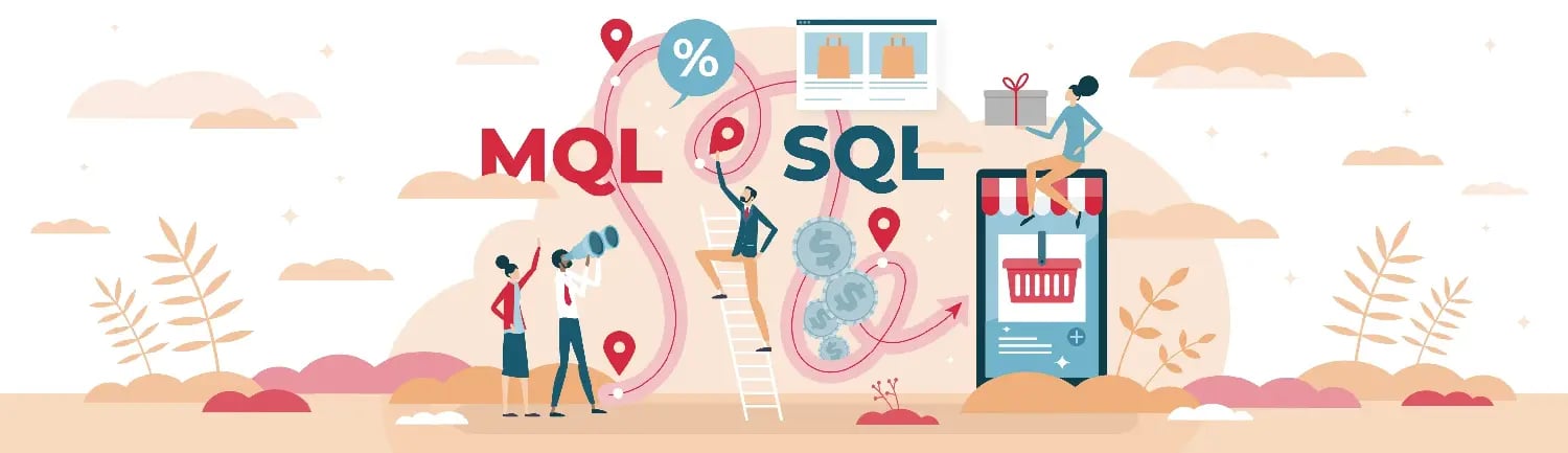 Stilisierte Illustration, die die Unterschiede zwischen Marketing Qualified Leads (MQL) und Sales Qualified Leads (SQL) in einem Prozess darstellt