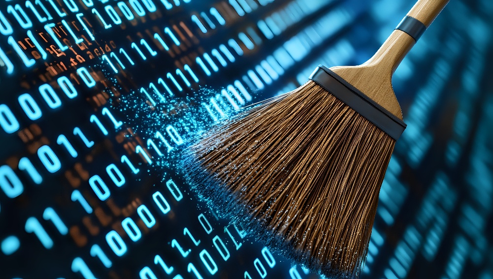 A broom sweeps away glowing blue binary code, representing data deletion or clearing.