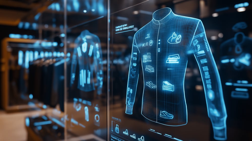 Holografische Pulloverprojektion mit interaktiver Anzeige auf einem transparenten Bildschirm, die modernste Einzelhandelstechnologie in einer Augmented-Reality-Einkaufsumgebung darstellt.