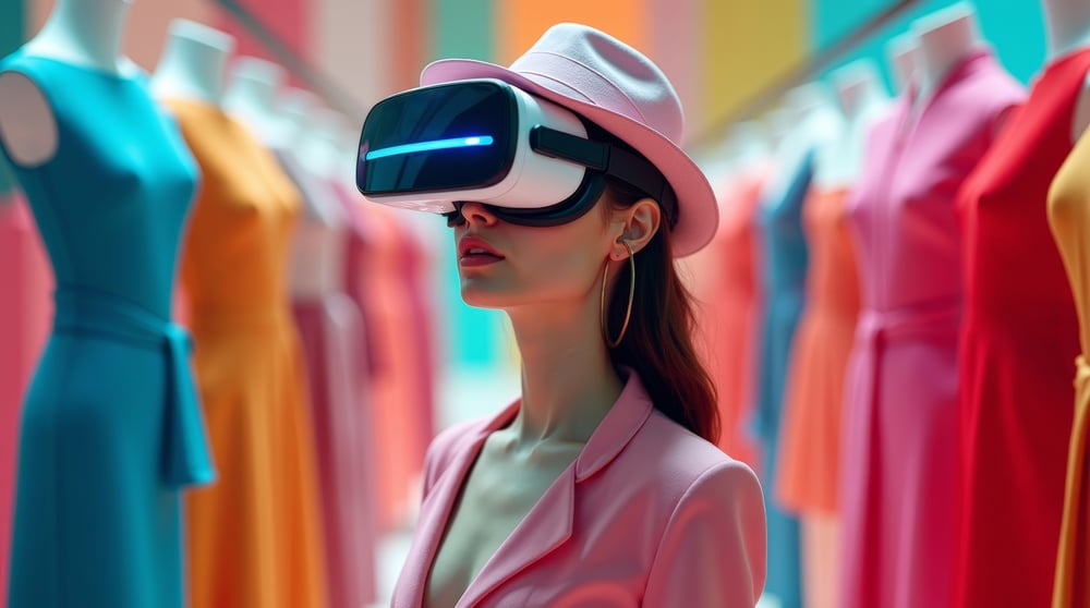 Frau nutzt VR-Headset in einem Modegeschäft für ein virtuelles Einkaufserlebnis mit farbenfrohen Kleidern.