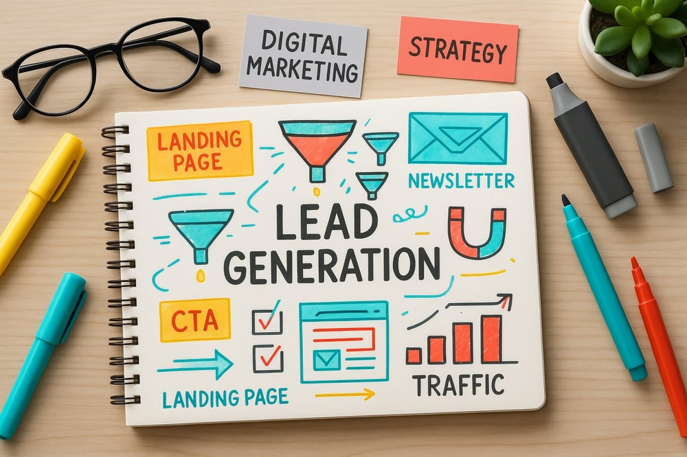 Lead-Generierungsstrategie im digitalen Marketing auf einem Spiralblock