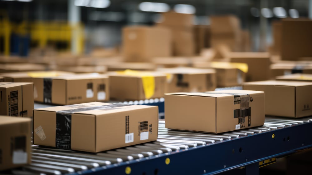 E-Commerce-Pakete in einem Logistiklager auf einem Fließband